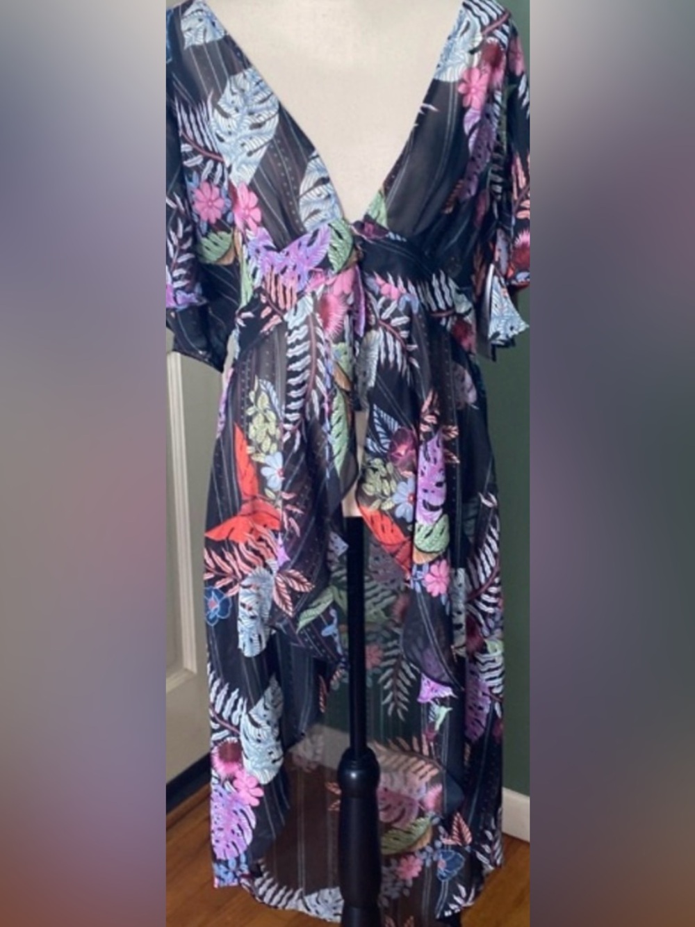 Baku tropical print sheer high-low cover-up.